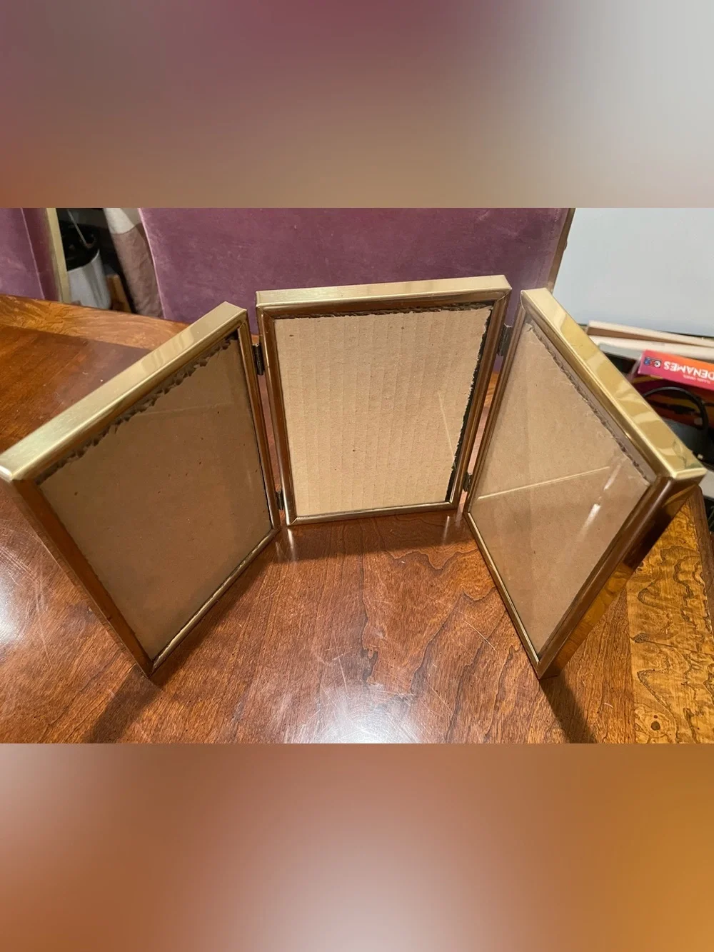 Vintage Boston Burnes Brass Foldable Triple Photo Frame - Trifold - Gold Finish